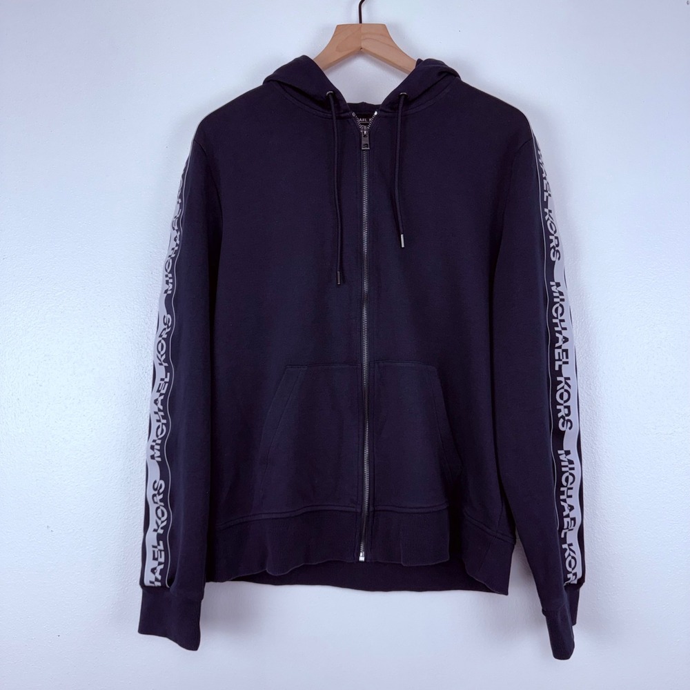 MICHAEL KORS Mens Zip Up Hoodie Size L Navy Blue‎ Logo Tape Sleeves Pockets
